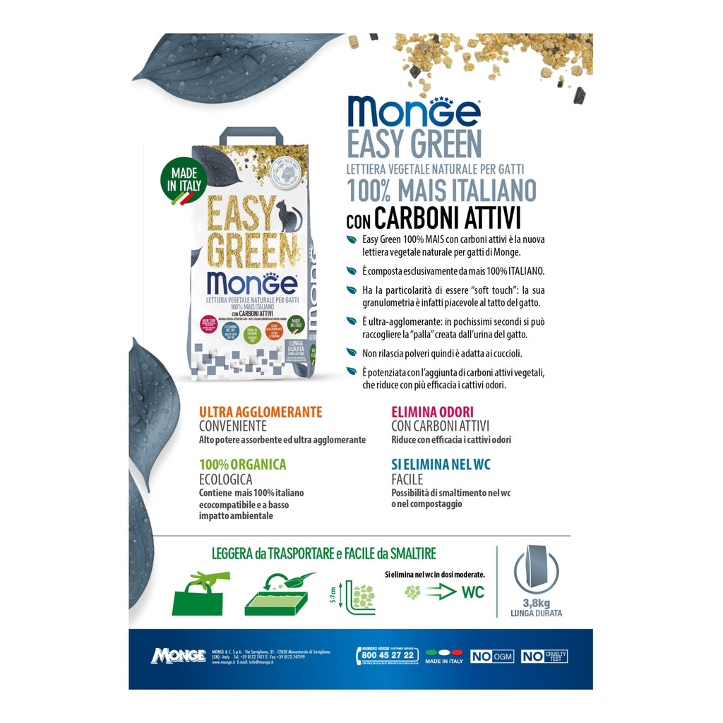 Monge Lettiera Easy Green Vegetale 100% Mais con Carboni Attivi 3.8Kg