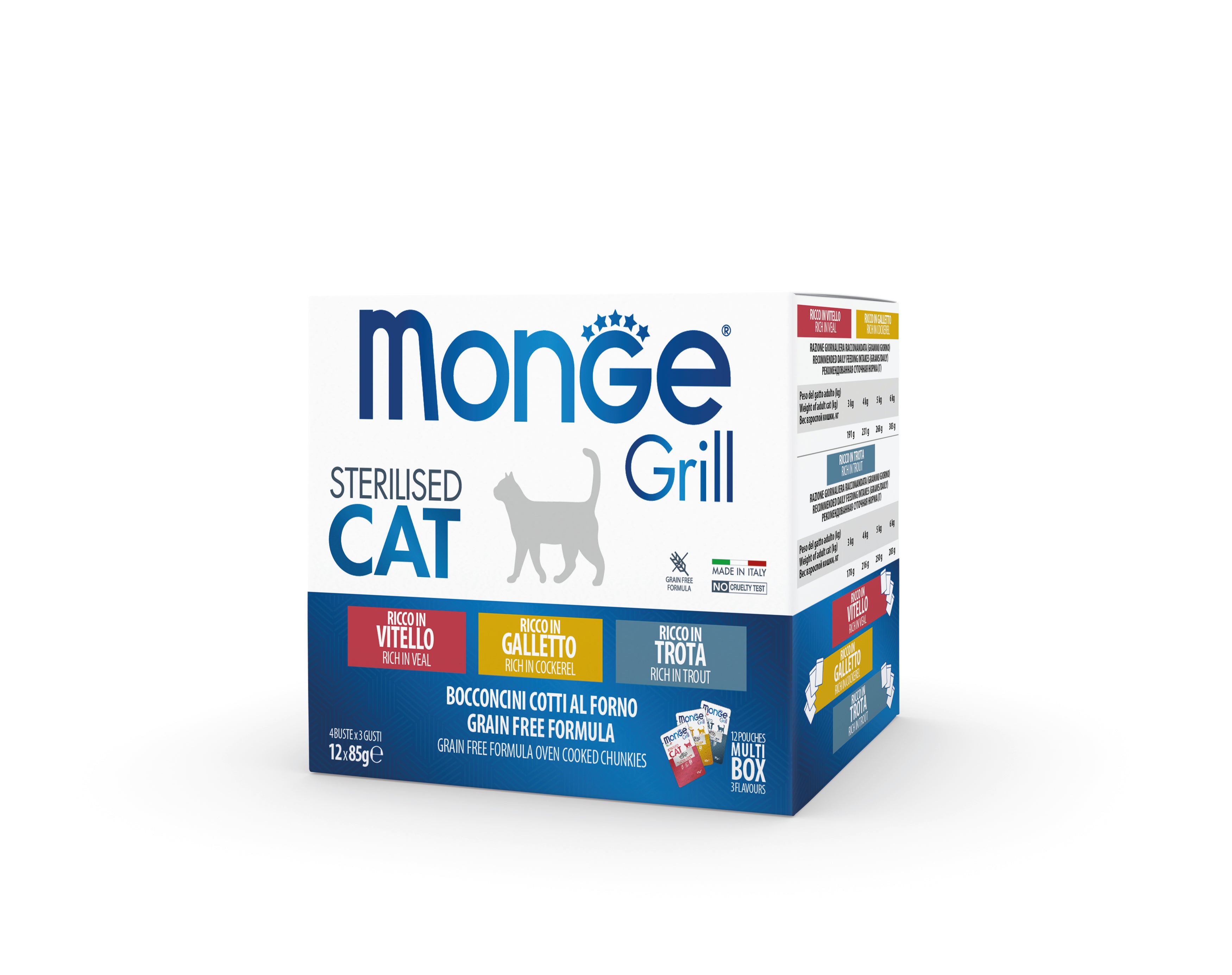 Monge Grill Multipack Sterilised Cat Vitello, Galletto e Trota 12x85g