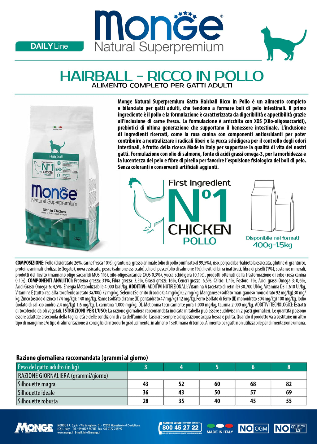 Monge Natural Superpremium Hairball Ricco in Pollo