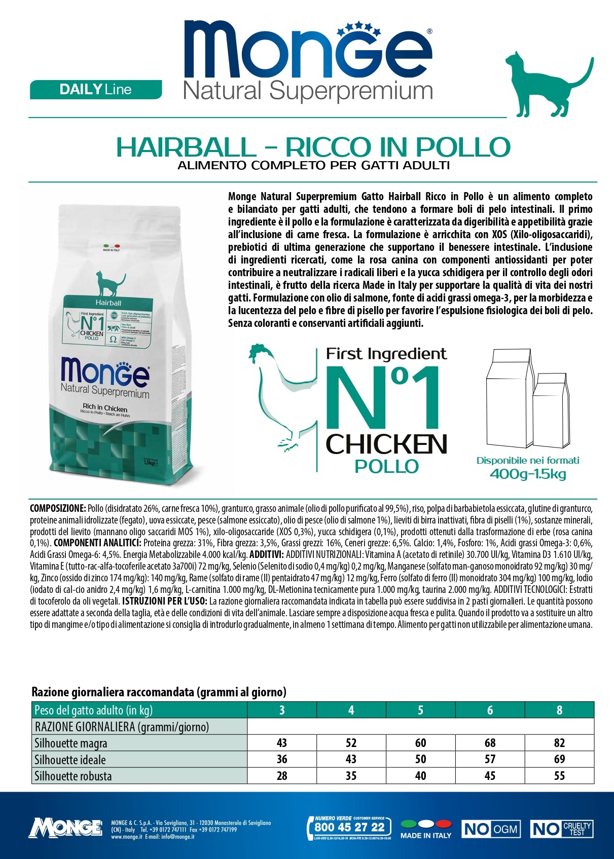 Monge Natural Superpremium Hairball Ricco in Pollo