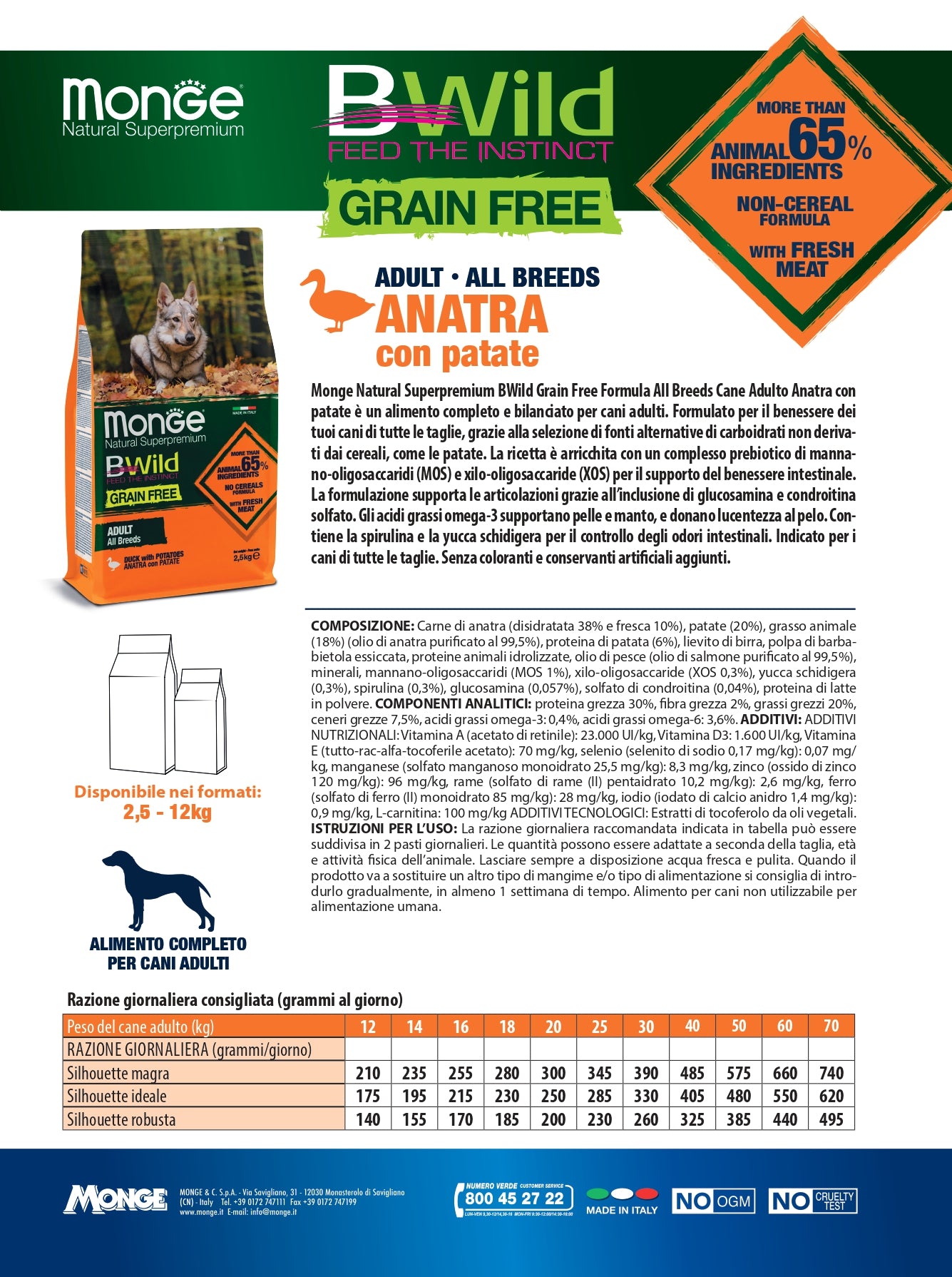Monge Natural Superpremium BWild Grain Free Adult All Breeds Anatra con Patate