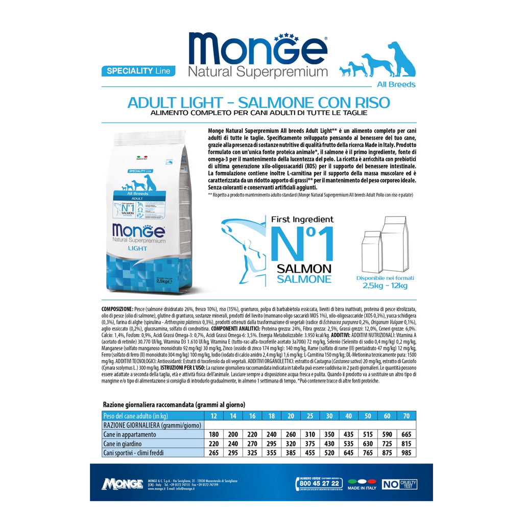 Monge Natural Superpremium All Breeds Adult Light Salmone con Riso