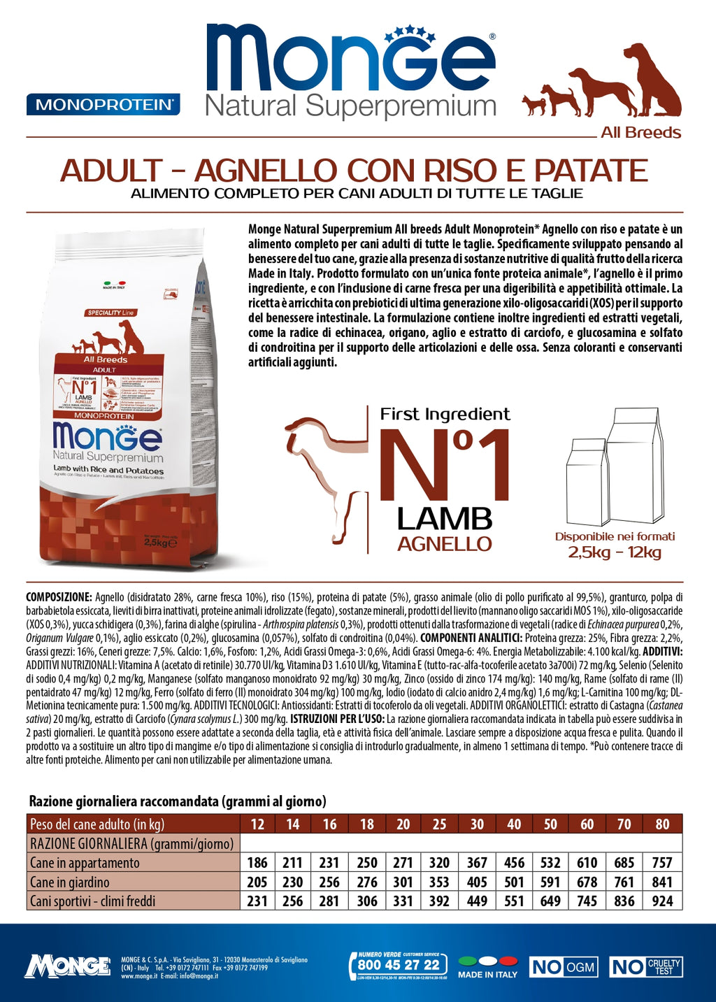 Monge Natural Superpremium All Breeds Adult Monoprotein Agnello con Riso e Patate