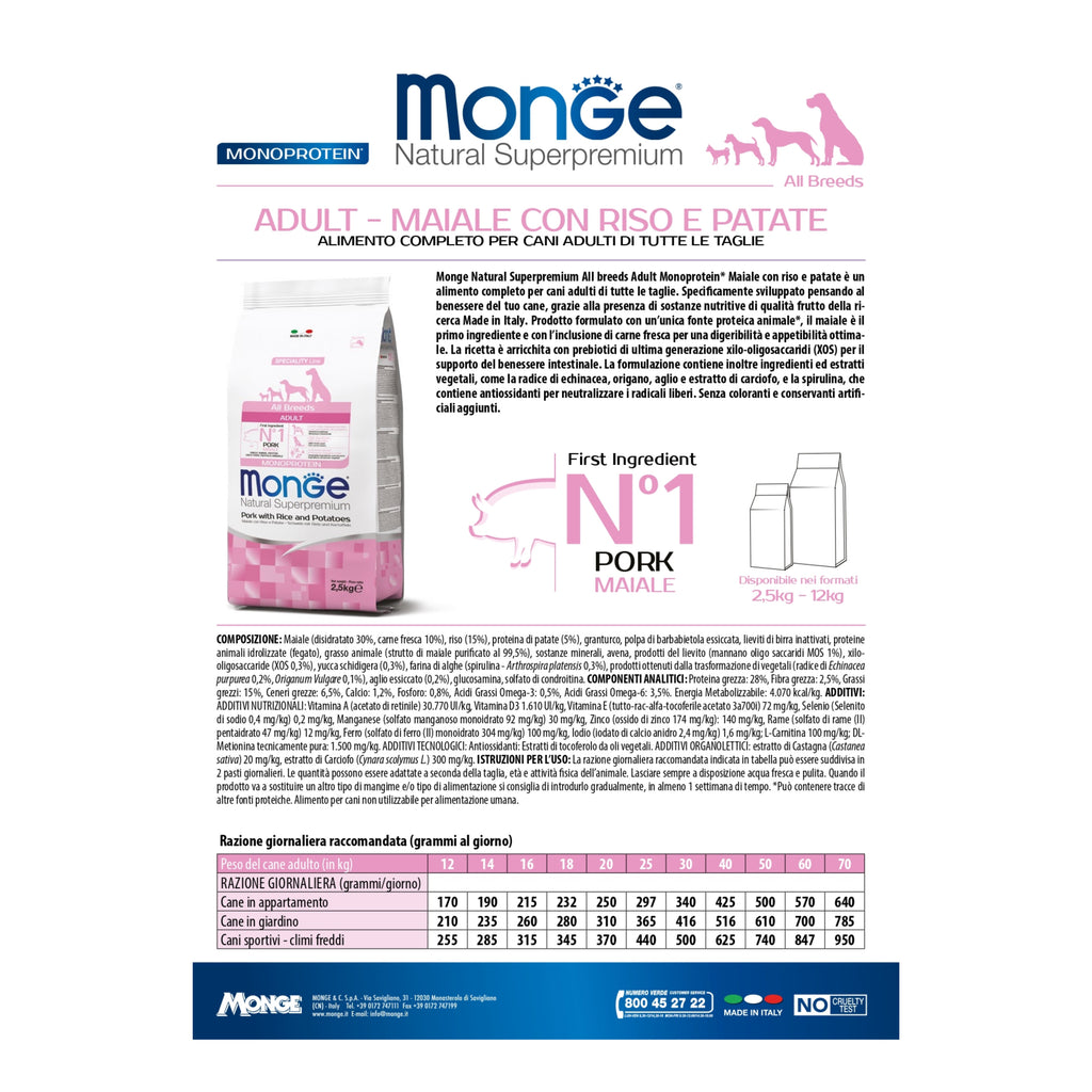 Monge Natural Superpremium All Breeds Adult Monoprotein Maiale con Riso e Patate