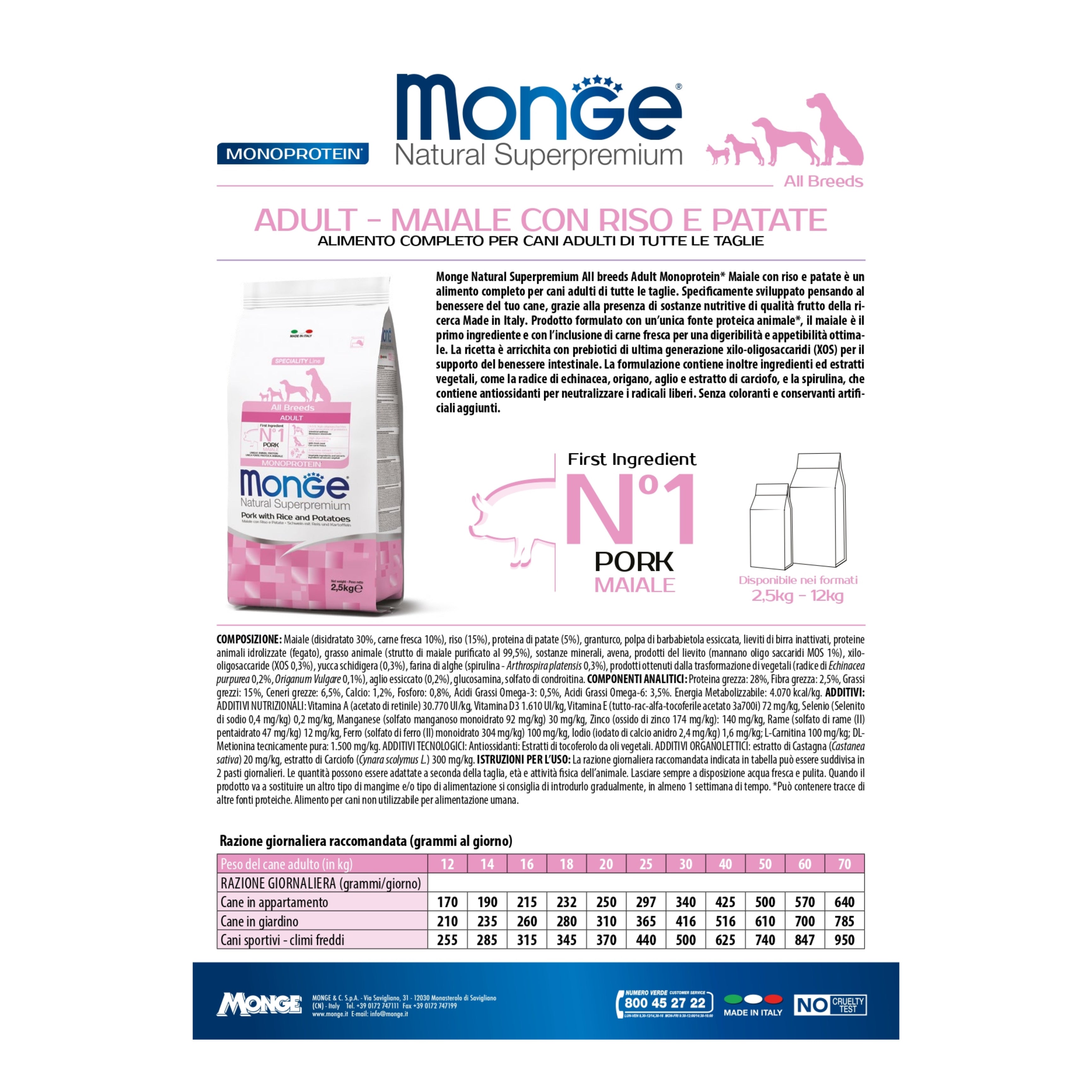 Monge Natural Superpremium All Breeds Adult Monoprotein Maiale con Riso e Patate