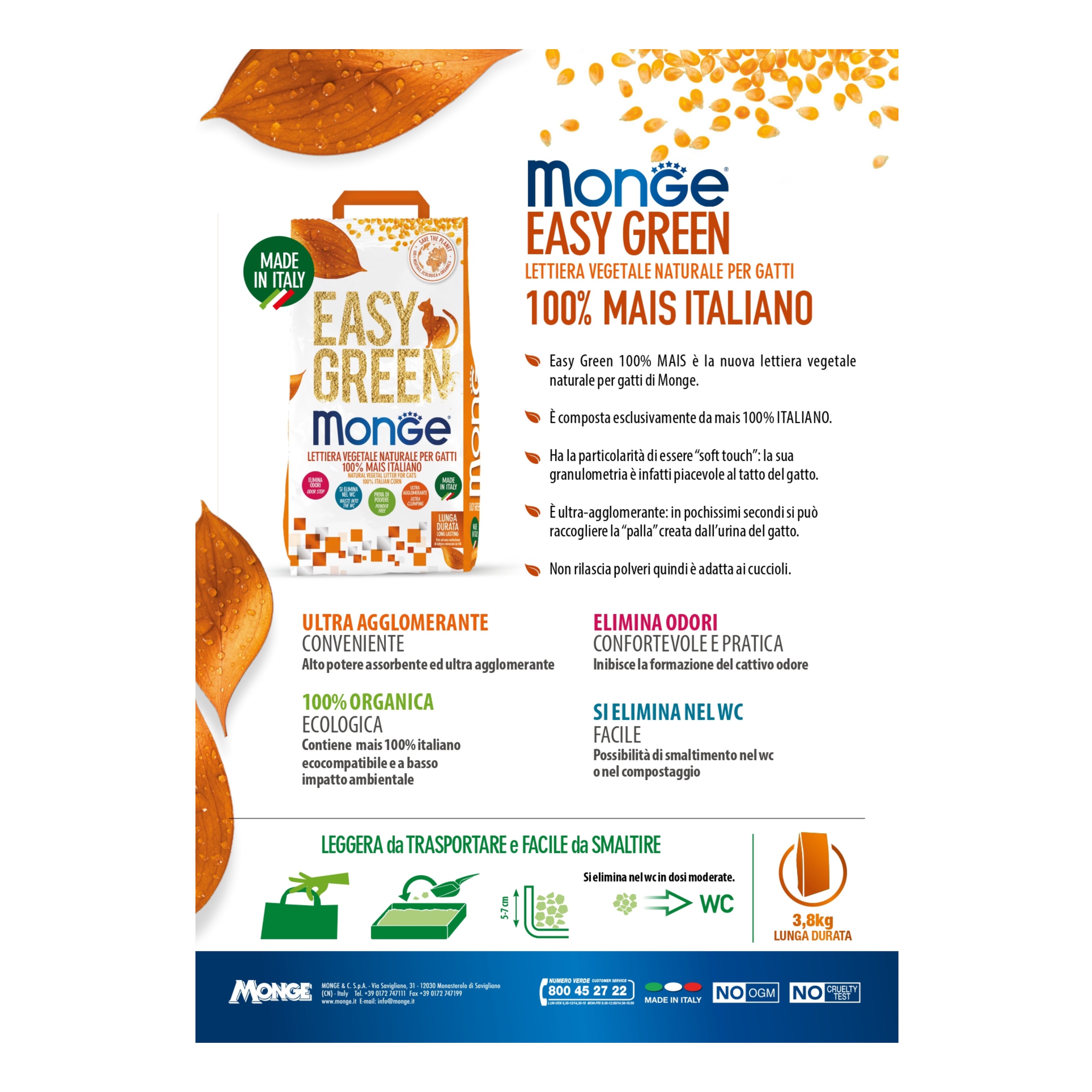 Monge Lettiera Easy Green Vegetale 100% Mais Italiano 3.8Kg