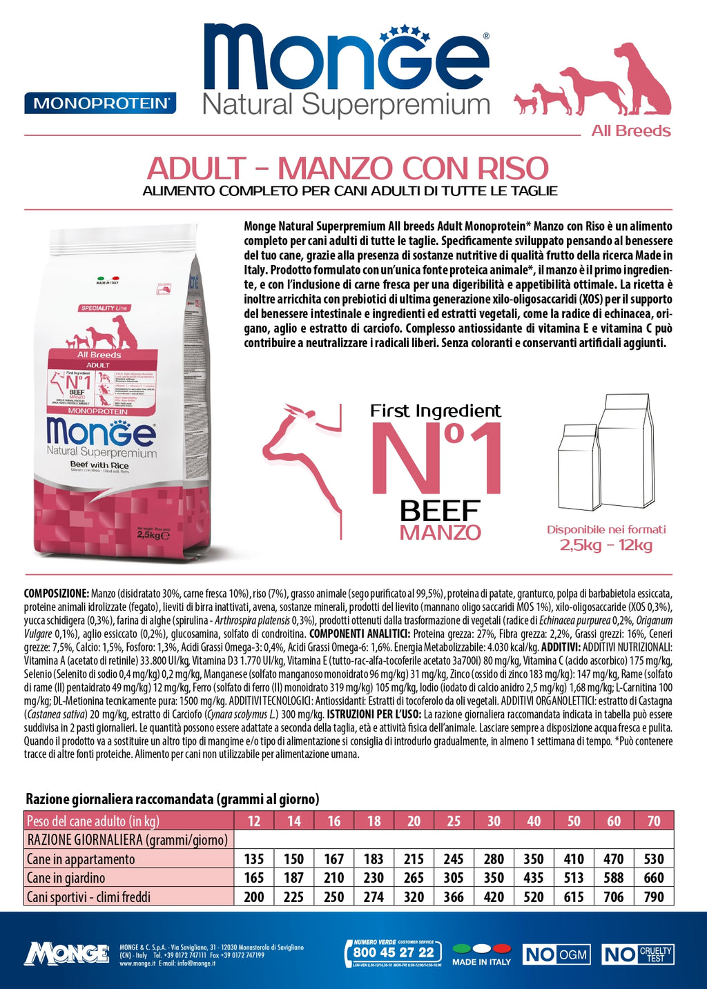 Monge Natural Superpremium All Breeds Adult Monoprotein Manzo con Riso