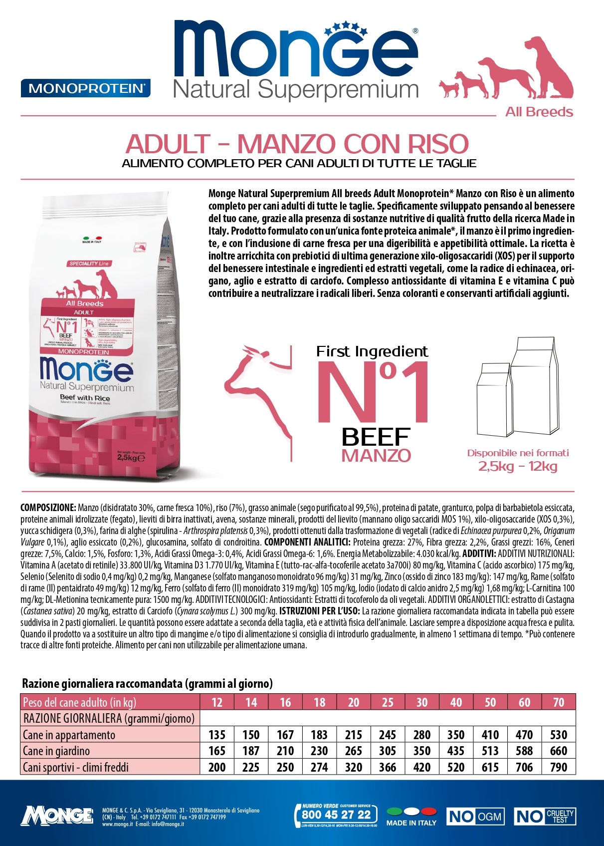 Monge Natural Superpremium All Breeds Adult Monoprotein Manzo con Riso