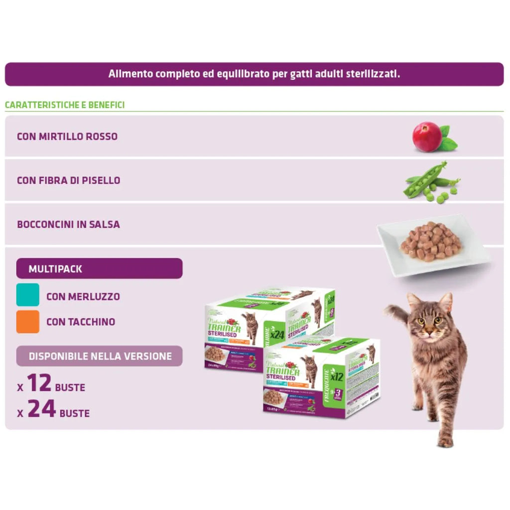 Natural Trainer Multipack Sterilised Adult Cat Merluzzo e Tacchino